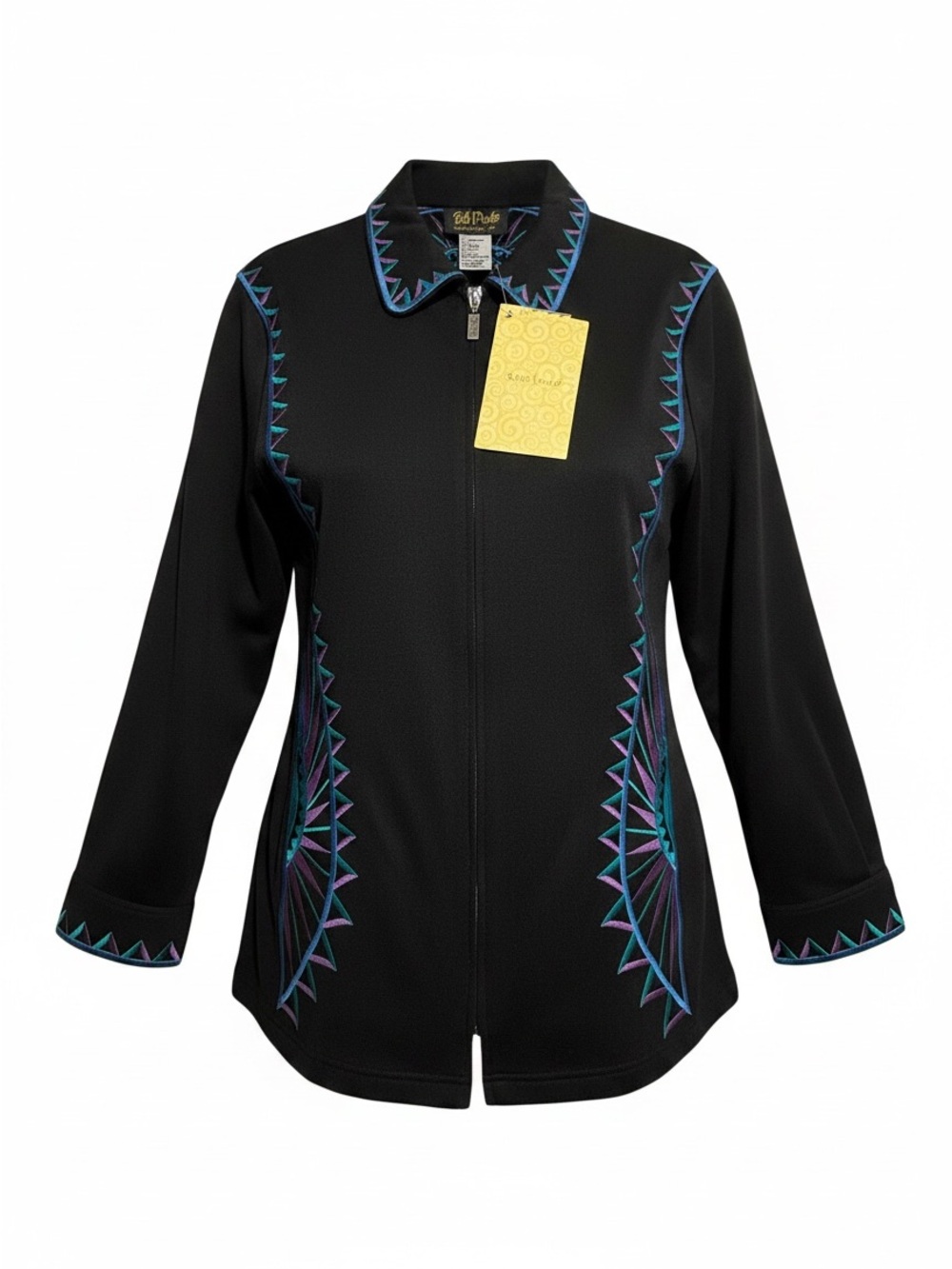Bob Mackie Wearable Art Embroidered Zip Up Jacket Black Teal Purple M Vtg Art De